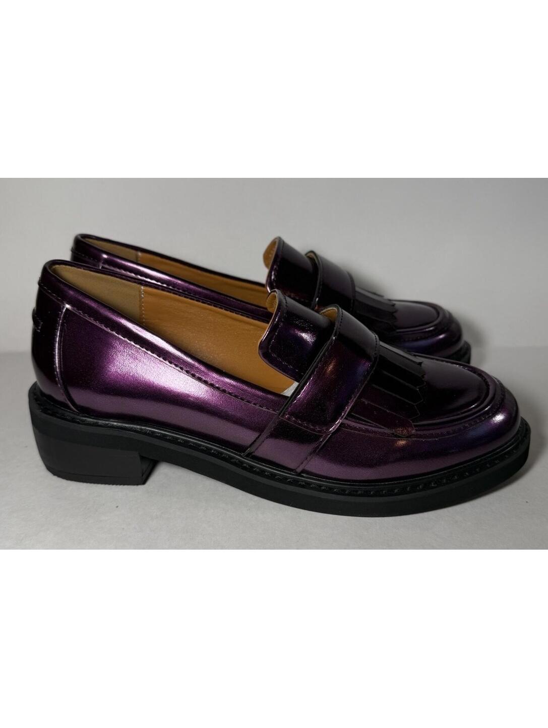Fowt Round Toe Fringe Decor Loafers Shoes Purple Metallic